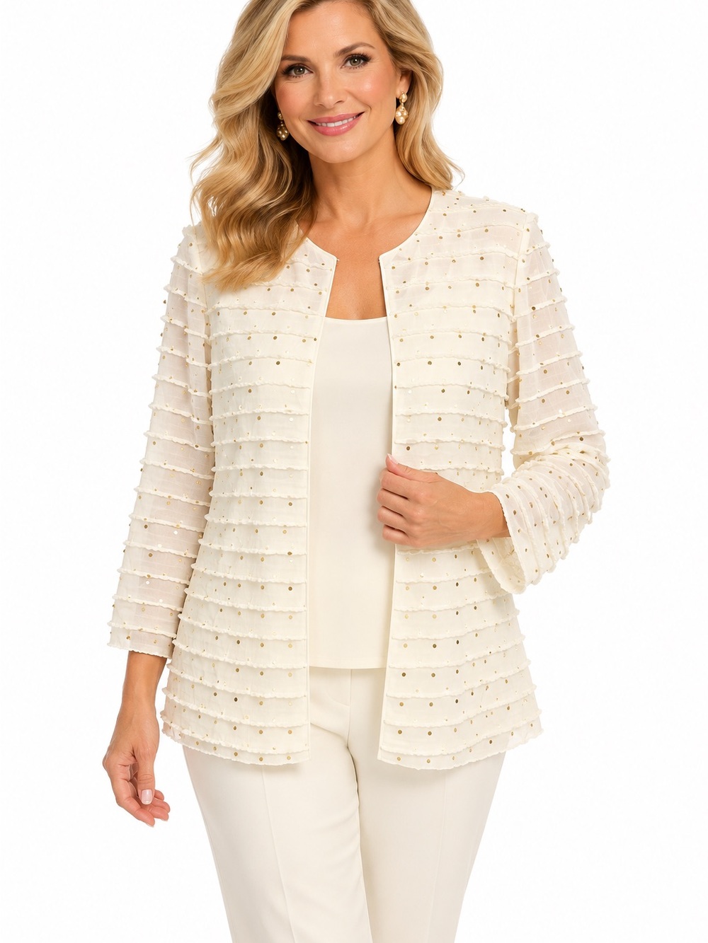 Alex Evenings Ivory Beaded Layered Open-Front Jacket